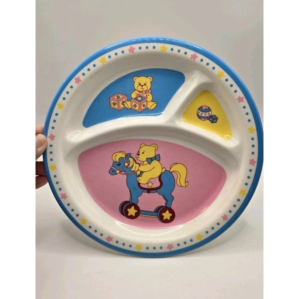 Vintage Kids Divided Plate Teddy Bear Taiwan Melamine Baby Tray 80s 90s Cottage